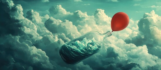 Wall Mural - Surreal depiction of a glass bottle containing a turbulent sea being lifted by a red balloon soaring among the clouds