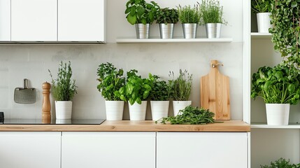 Canvas Print - A modern kitchen with fresh herbs on the counter and shelves.