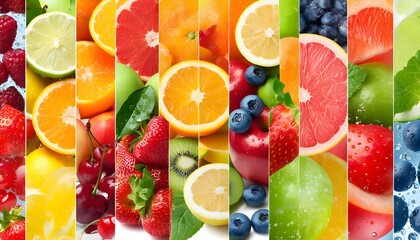 Vibrant collage of fresh fruit featuring a colorful assortment of citrus, berries, and apples