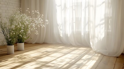 Wall Mural - Bright interior with sheer white curtains and soft natural light, featuring a wooden floor, floral arrangement, and minimalist wedding backdrop, creating a dreamy atmosphere.