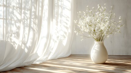 Wall Mural - Bright interior with sheer white curtains and soft natural light, featuring a wooden floor, floral arrangement, and minimalist wedding backdrop, creating a dreamy atmosphere.