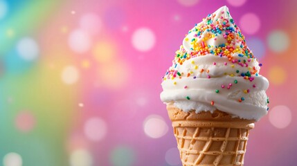 Wall Mural - A close-up of a vanilla ice cream cone with colorful sprinkles, with a soft focus background of colorful lights.