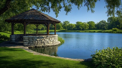 Wall Mural - lakeside scene with serene water reflections and a stone gazebo, set in a lush green landscape with 