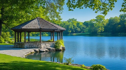 Lakeside scene with serene water reflections and a stone gazebo, set in a lush green landscape with clear blue sky, creating a tranquil outdoor setting and harmonious blend.