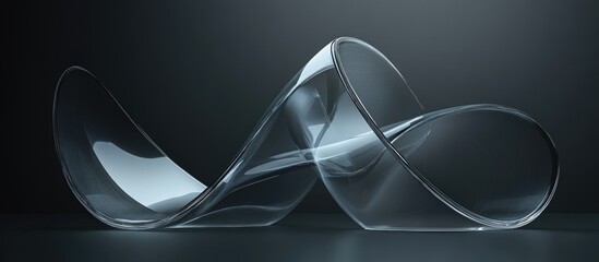 Abstract 3D rendering of two transparent glass shapes intersecting at their surfaces against a dark grey backdrop