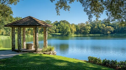 Lakeside scene with serene water reflections and a stone gazebo, set in a lush green landscape with clear blue sky, creating a tranquil outdoor setting and harmonious blend.