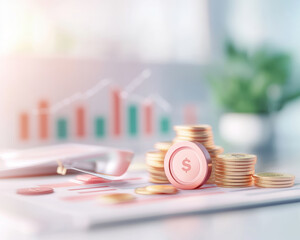 Stack of coins with a dollar symbol on a financial report background, symbolizing investment and wealth growth.