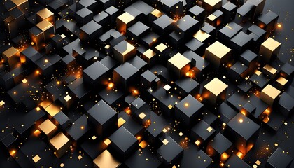 Elegant abstract design of black and gold cubes illuminated by shimmering lights