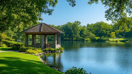 Wall Mural - lakeside scene with serene water reflections and a stone gazebo, set in a lush green landscape with 