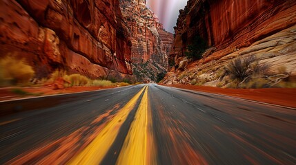 Poster - A road with yellow lines and a mountain in the background