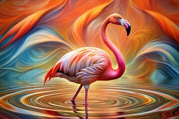 Canvas Print - vibrant pink flamingo in surreal landscape with colorful water