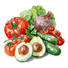 Watercolor fresh vegetables isolated on a white background, watercolor avocado and tomatoes and Zucchini and  Broccoli Lettuce and sliced tomato and bell pepper and onion, and parsley, PNG format