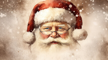 Watercolor of Santa Claus face on a brown background