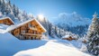 © horizon - Bright winter landscape with sunlit snow-covered chalet and evergreen forest, creating a picturesque ski resort scene with rustic wooden architecture and winter wonderland.