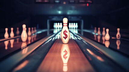 Wall Mural - A bowling pin with a dollar sign on it is standing in the middle of a bowling lane.