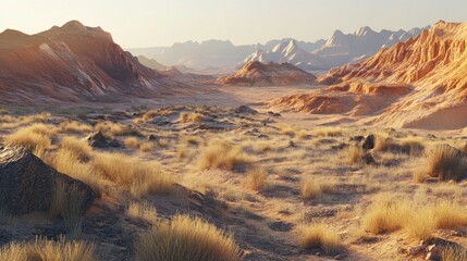 Poster - Golden Grassland at the Foot of Majestic Mountains