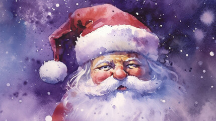 Watercolor of Santa Claus face on a purple background