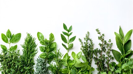 Diverse herbs and plants in a horizontal line, highlighting vibrant green foliage, various textures, and leaf shapes in a crisp, botanical illustration style on white background.