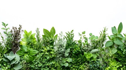 Diverse herbs and plants in a horizontal line, highlighting vibrant green foliage, various textures, and leaf shapes in a crisp, botanical illustration style on white background.