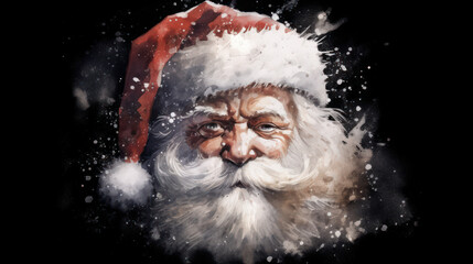 Watercolor of Santa Claus face on a dark white background