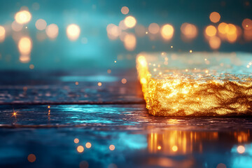 Poster - The composition showcases a rich golden surface adorned with shimmering spots of light. This luxurious backdrop emanates a sense of calm and elegance, perfect for any design project