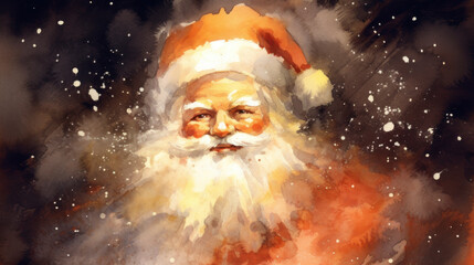 Watercolor of Santa Claus face on a dark orange background