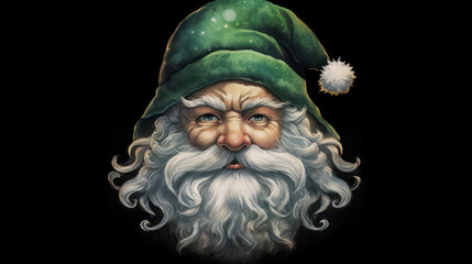 Watercolor of Santa Claus face on a dark green background