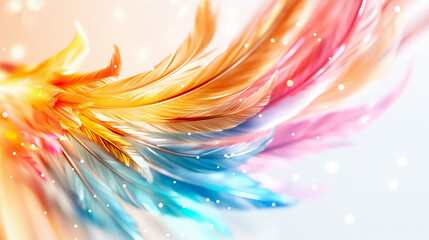 Poster - A stunning display of abstract feathers bursting with color, blending warm yellows and oranges with cool blues and greens, creating an enchanting visual experience for any backdrop