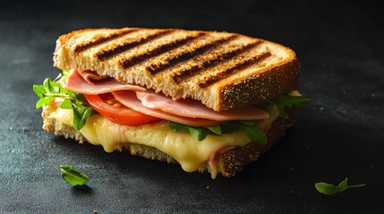 Wall Mural - A grilled ham and cheese sandwich with tomato and arugula.