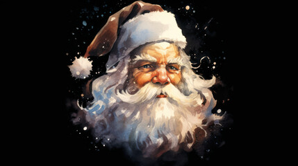 Watercolor of Santa Claus face on a light black background