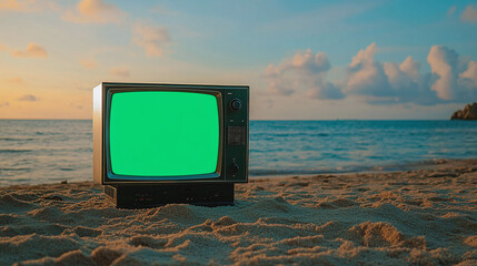 Fototapete - 3d panorama classical old green screen tv monitor on the beach, sea vacation summertime vintage retrospect sunny day artistic television tube composition cinematic graphic design element background