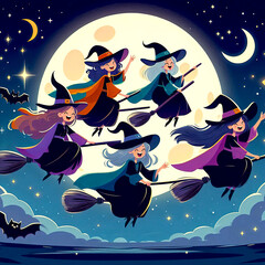 funny witches on brooms in the moonlight, against the background of the full moon in dark clothes. time halloween