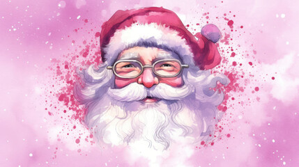 Watercolor of Santa Claus face on a light magenta background