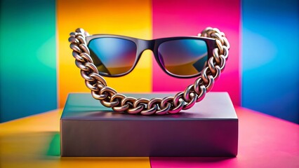 Gold sunglasses are resting on a thick gold chain in front of a colorful background