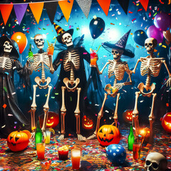 skeleton party festively dressed skeletons at a ball in honor of Halloween celebration, festive paraphernalia, horrible creature, moonlight, pumpkin face, candles and fireworks Halloween time