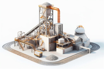 Potash mining facility with industrial buildings, pipelines, and a truck, processing minerals and producing fertilizers