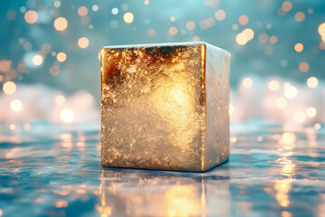 Poster - A gold cube stands elegantly on a reflective surface, illuminated by enchanting soft lights. The calming blue background enhances the artistic ambiance, creating a tranquil setting