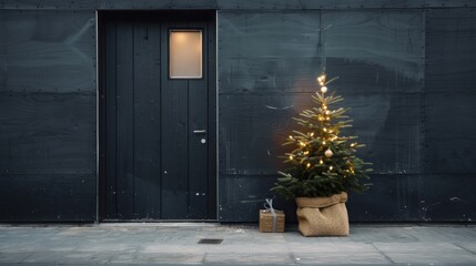 Poster - A black door with a window and a Christmas tree in a basket