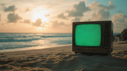 Fototapete - 3d panorama classical old green screen tv monitor on the beach, sea vacation summertime vintage retrospect sunny day artistic television tube composition cinematic graphic design element background