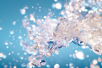Poster - Water droplets burst and scatter in a lively display against a soft blue backdrop, creating a stunning backdrop filled with shimmering light reflections