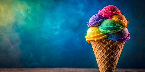 Crazy colored ice cream in a cone , vibrant, colorful, dessert, treat, scoops, cone, unique, swirl, whimsical, fun