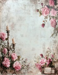 Wall Mural - Vintage floral frame with pink roses and an antique candelabra on a distressed background
