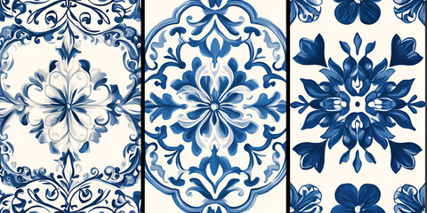 Blue and White Ceramic Tiles with Floral Patterns