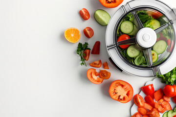 Variety of fresh raw vegetables and greens arranged on white table with electric food processor, promoting healthy eating and cooking concept