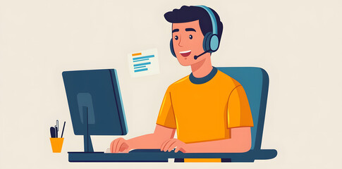 Sticker - Young man working in customer service wearing a headset flat illustration isolated on background