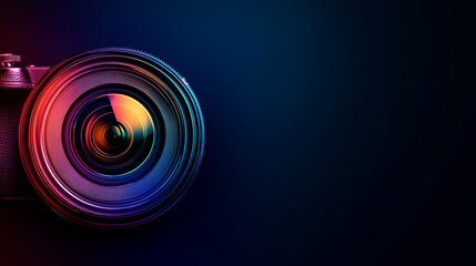 Wall Mural - camera lens against dark background, showcasing vibrant colors and intricate details, evokes sense o