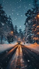 Poster - A snowy road with a car driving down it