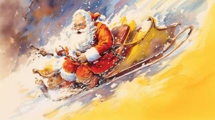 Wall Mural - Watercolor of Santa Claus riding his sleigh on vivid yellow background