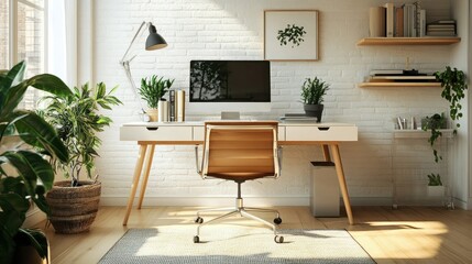 Wall Mural - Modern Home Office with White Brick Wall and Wooden Desk