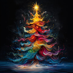 Wall Mural - vibrant Christmas tree adorned with colorful swirls and bright star on top, radiating festive joy and warmth. artistic design captures essence of holiday spirit beautifully